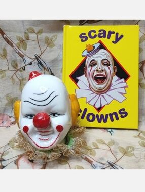 Vintage Scary Clown Head Glazed Bisque Clowns Phobia Coulrophobia Book Both FLAW